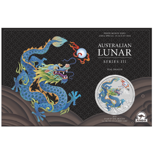 Australian Lunar Series III 2024 Year of the Dragon 1oz Silver Teal Coloured Coin in Card - Perth Money Expo 2024