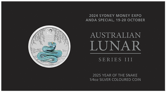 Australian Lunar Series III 2025 Year of the Snake 1/4oz Silver Coloured Coin in Card - Sydney Money Expo 2024