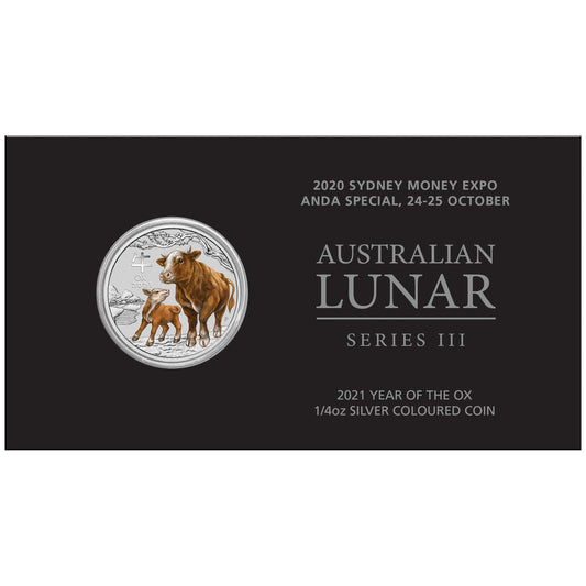 Australian Lunar Series III 2021 Year of the Ox 1/4oz Silver Coloured Coin in Card - Sydney Money Expo 2020