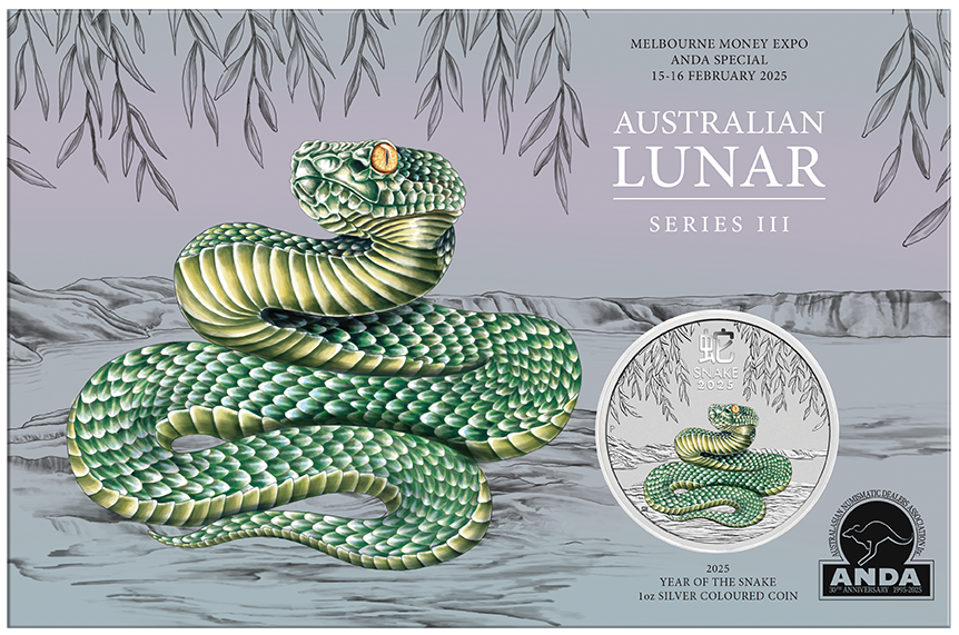 Melbourne Money Expo 2025 - 2025 Year of the Snake 1oz Silver Coloured Coin in Card