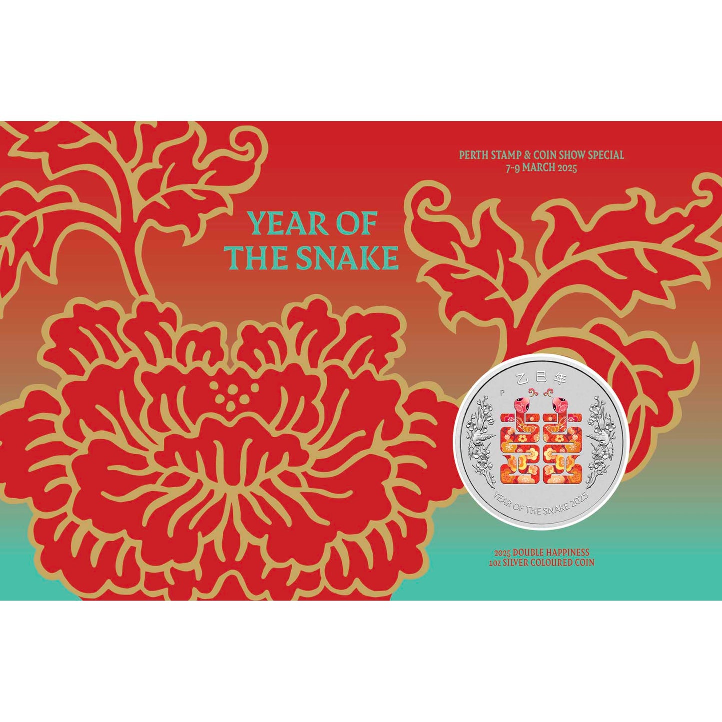 Year of the Snake - Double Happiness 2025 1oz Silver Coin in Card (Perth Stamp and Coin Show Special)