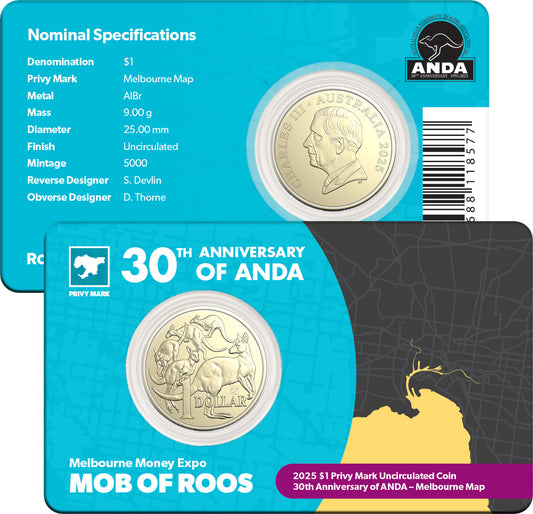 Melbourne Money Expo 2025 - 2025 $1 Mob of Roos with Melbourne Map Privy Mark