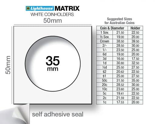 Coin Holder 2x2s Self Adhesive - Pack of 100 (Lighthouse MATRIX) - Sizes for Australian Decimal Coins