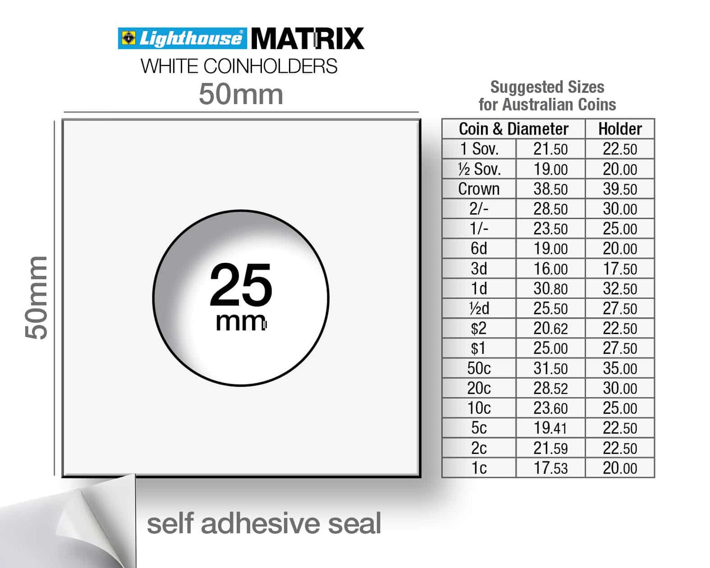 Coin Holder 2x2s Self Adhesive - Pack of 25 (Lighthouse MATRIX) - Sizes for Australian Decimal Coins