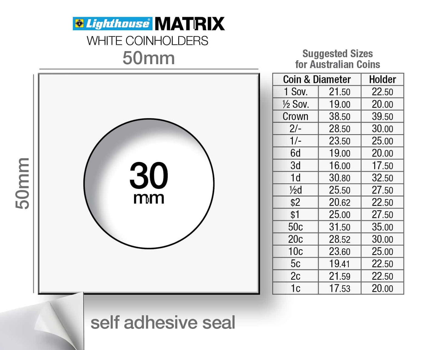 Coin Holder 2x2s Self Adhesive - Pack of 100 (Lighthouse MATRIX) - Sizes for Australian Decimal Coins