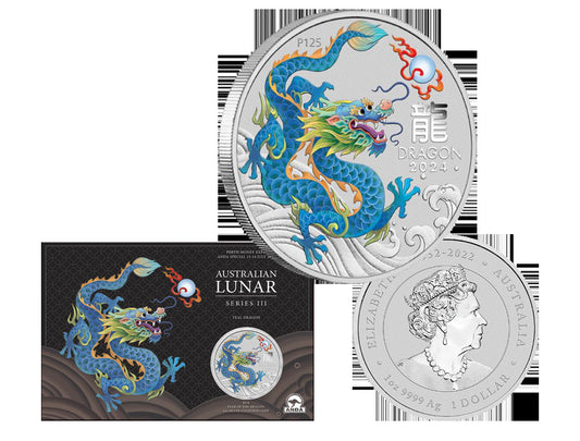 Australian Lunar Series III 2024 Year of the Dragon 1oz Silver Teal Coloured Coin in Card - Perth Money Expo 2024